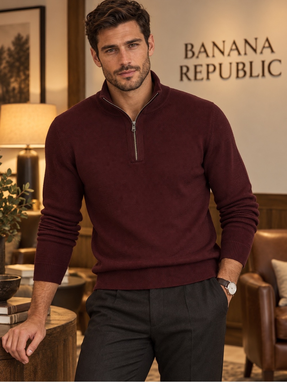 Banana Republic Men’s Merino Wool Waffle Knit Half-Zip Sweater Burgundy S